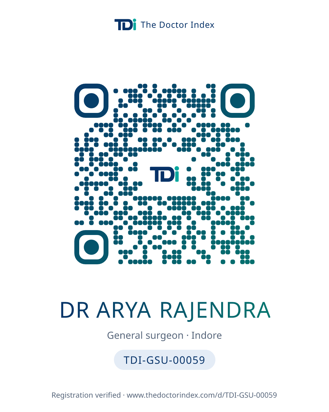 QR card for Dr Arya Rajendra, TDI-GSU-00059