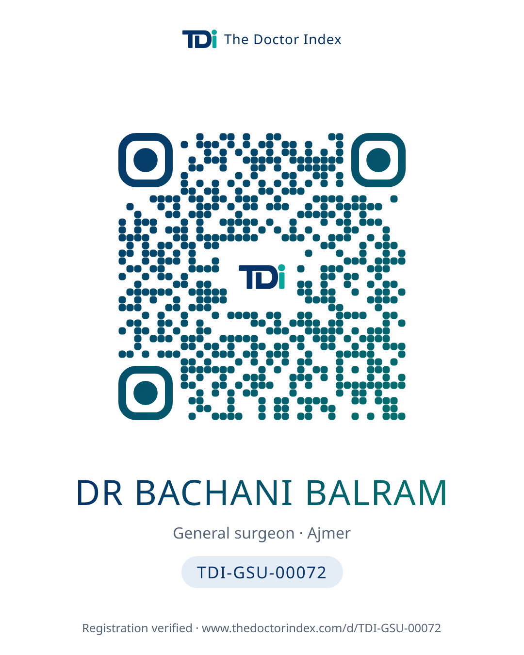 QR card for Dr Bachani Balram, TDI-GSU-00072