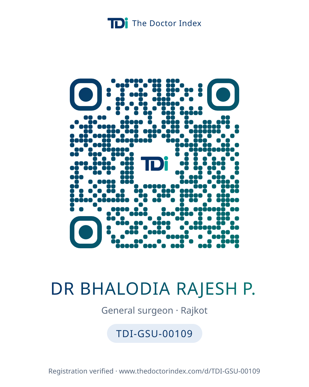 QR card for Dr Bhalodia Rajesh P., TDI-GSU-00109