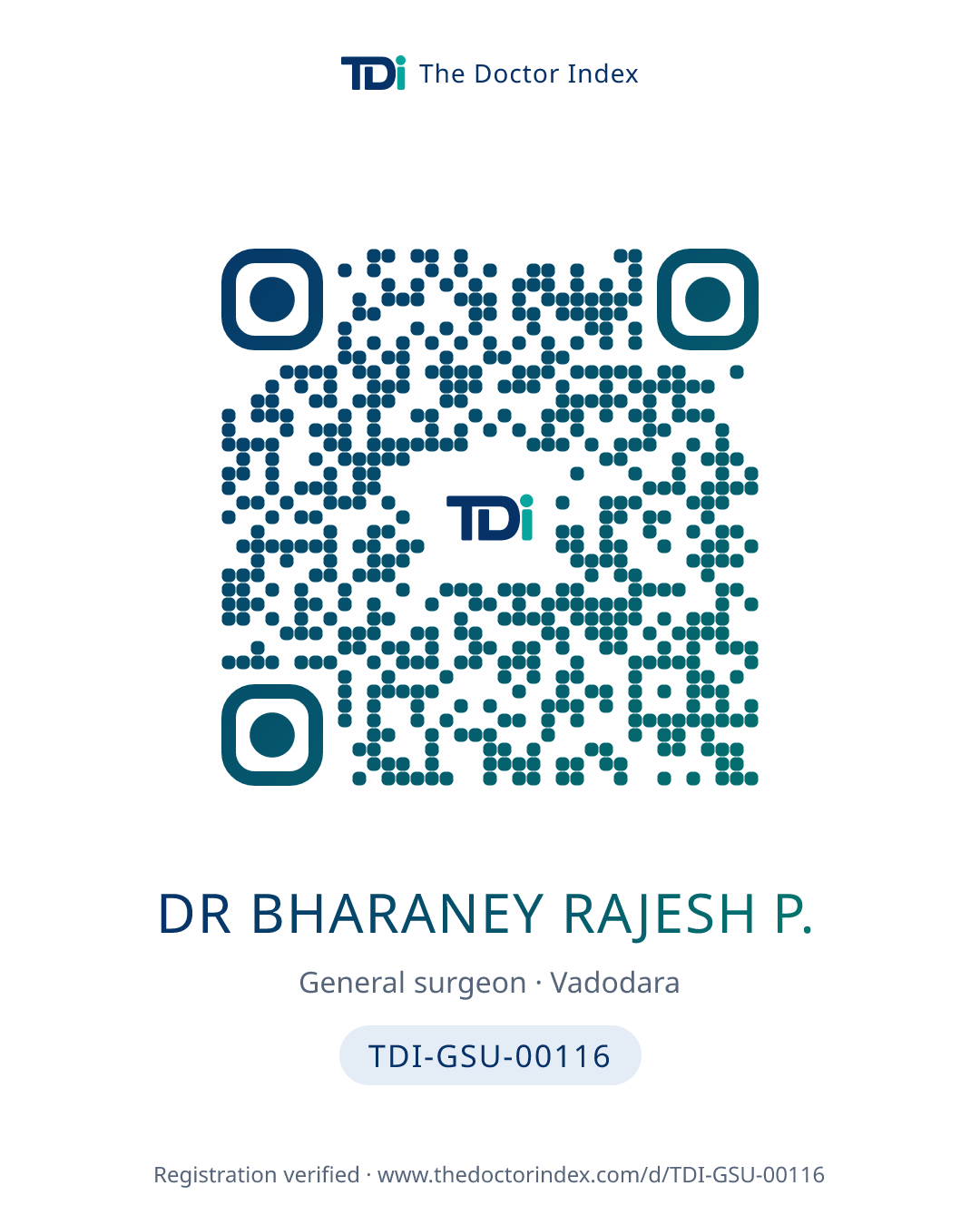 QR card for Dr Bharaney Rajesh P., TDI-GSU-00116