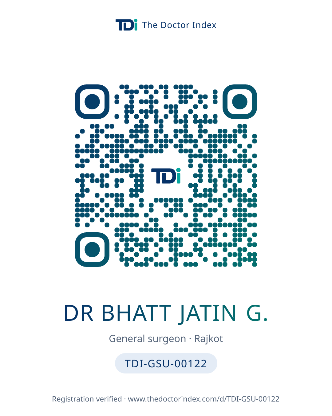 QR card for Dr Bhatt Jatin G., TDI-GSU-00122