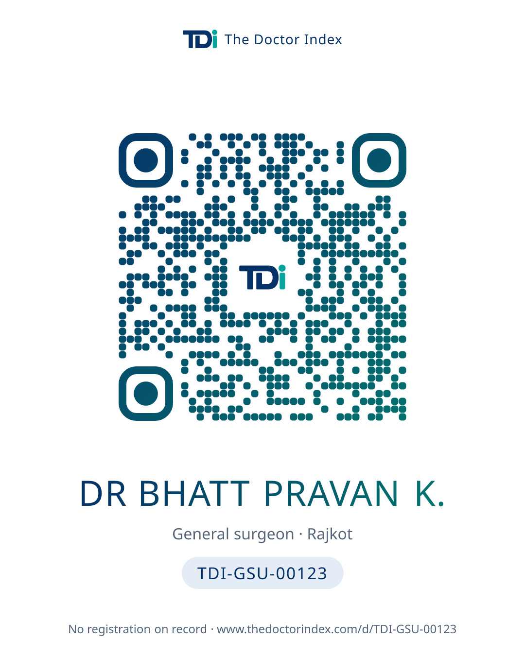QR card for Dr Bhatt Pravan K., TDI-GSU-00123