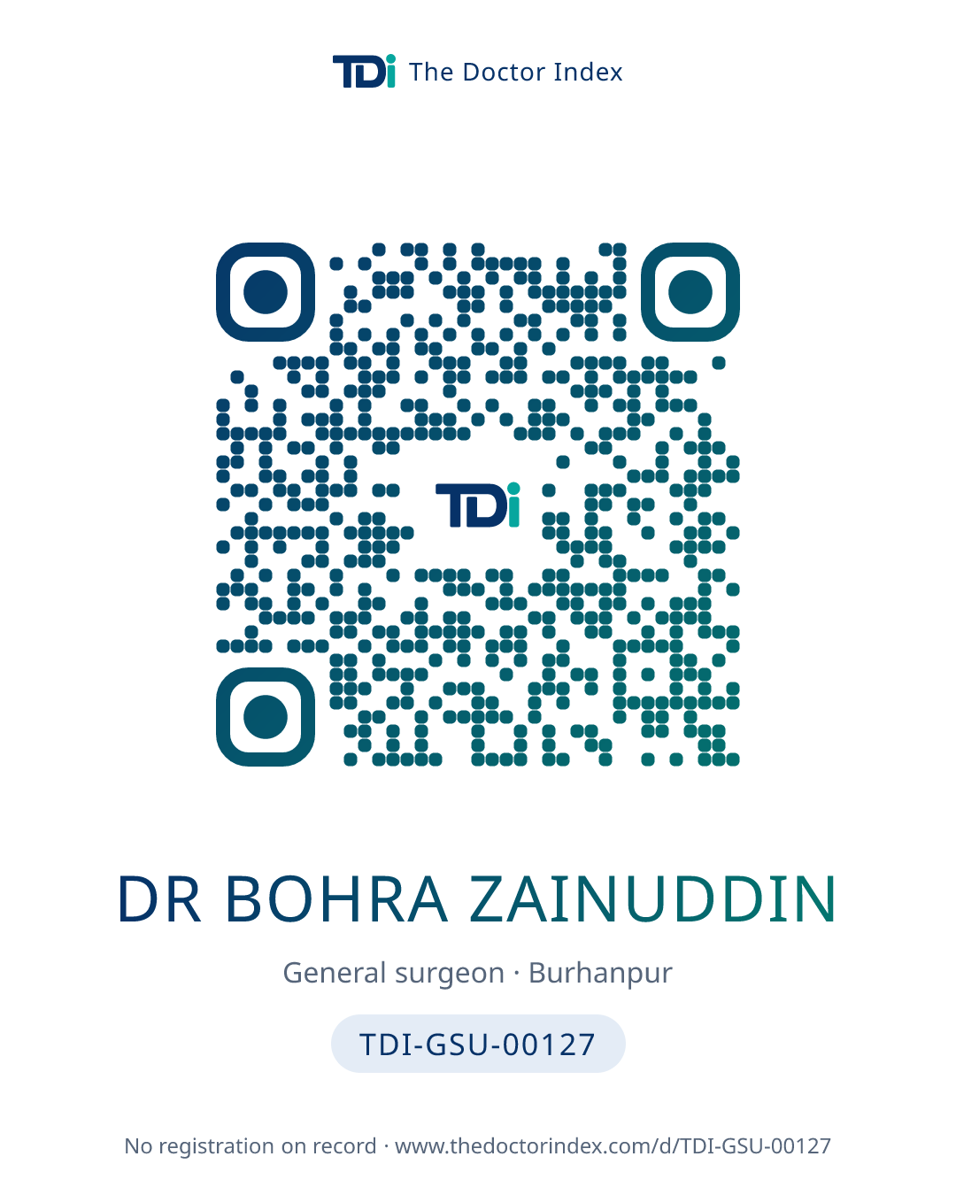 QR card for Dr Bohra Zainuddin, TDI-GSU-00127