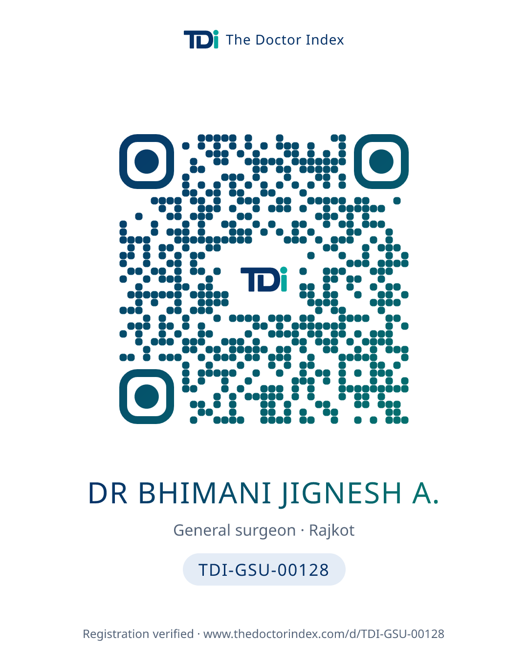 QR card for Dr Bhimani Jignesh A., TDI-GSU-00128