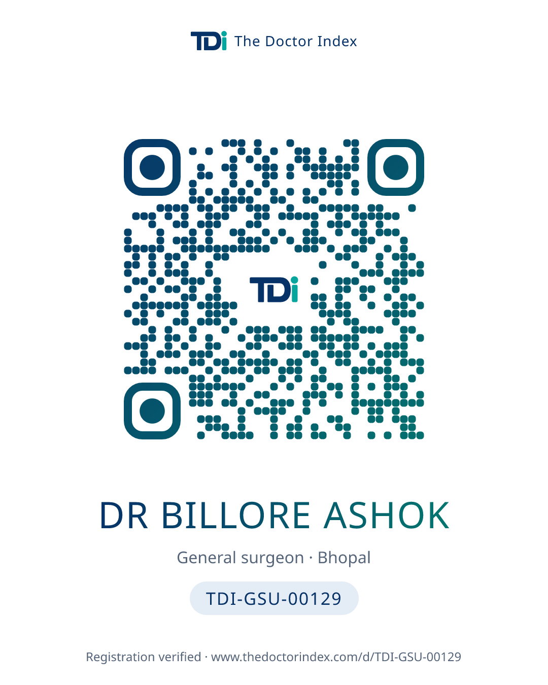 QR card for Dr Billore Ashok, TDI-GSU-00129