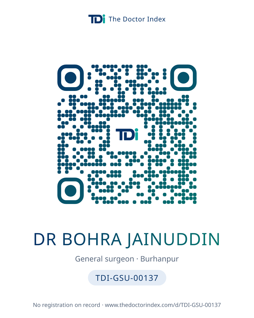 QR card for Dr Bohra Jainuddin, TDI-GSU-00137
