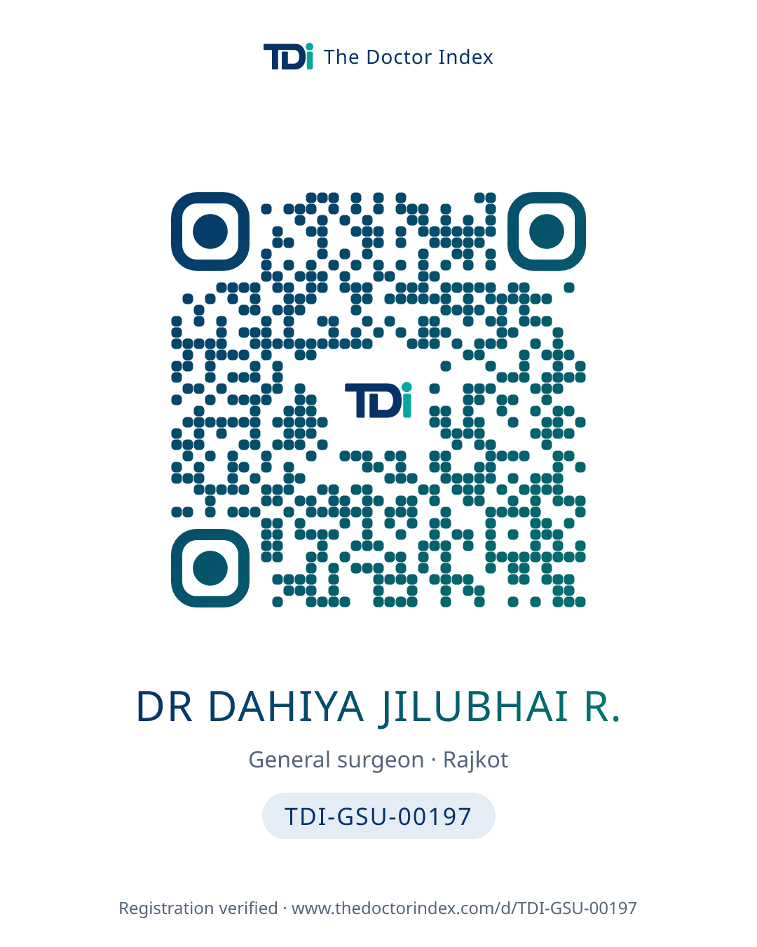 QR card for Dr Dahiya Jilubhai R., TDI-GSU-00197