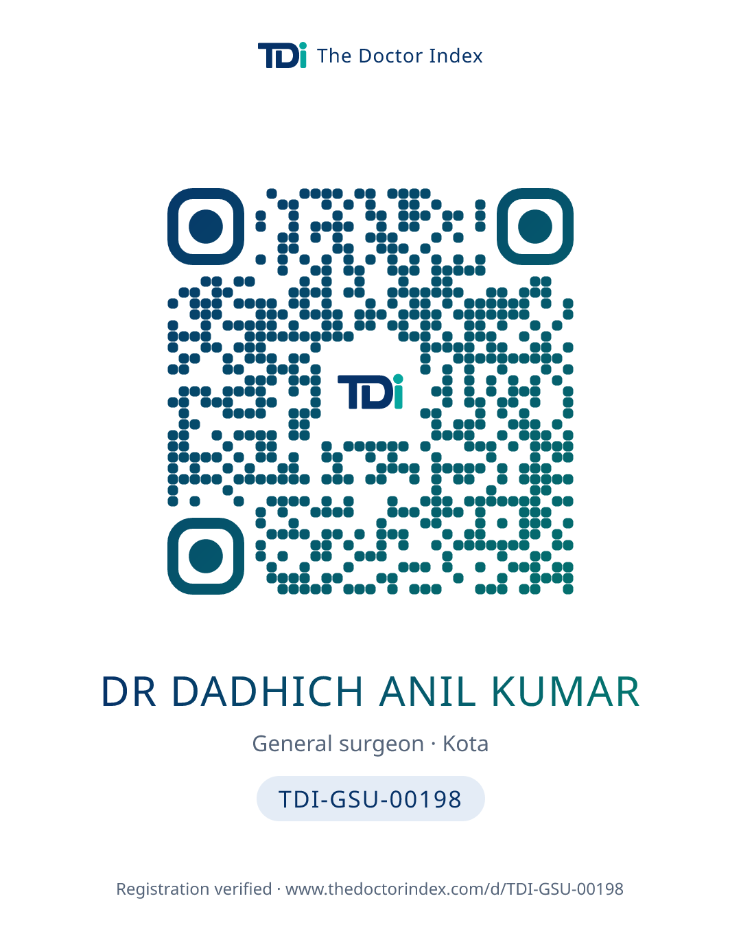 QR card for Dr Dadhich Anil Kumar, TDI-GSU-00198