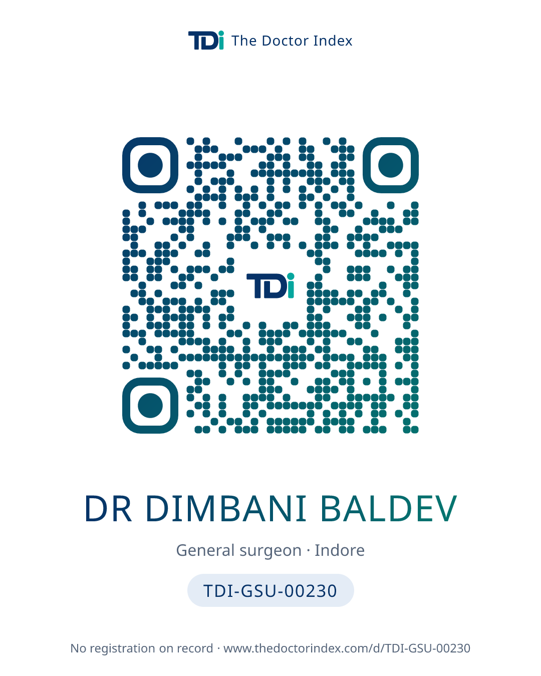 QR card for Dr Dimbani Baldev, TDI-GSU-00230