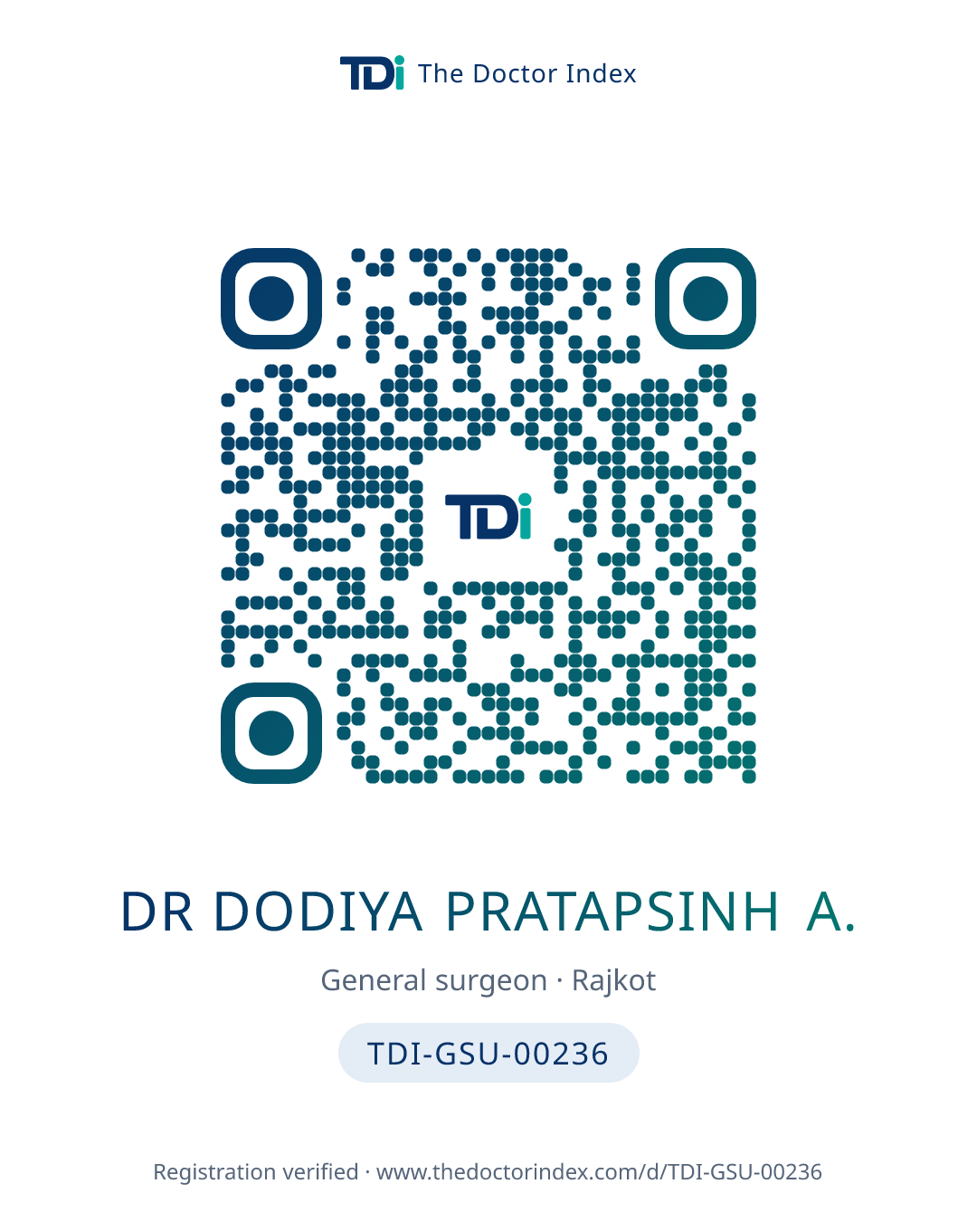 QR card for Dr Dodiya Pratapsinh A., TDI-GSU-00236