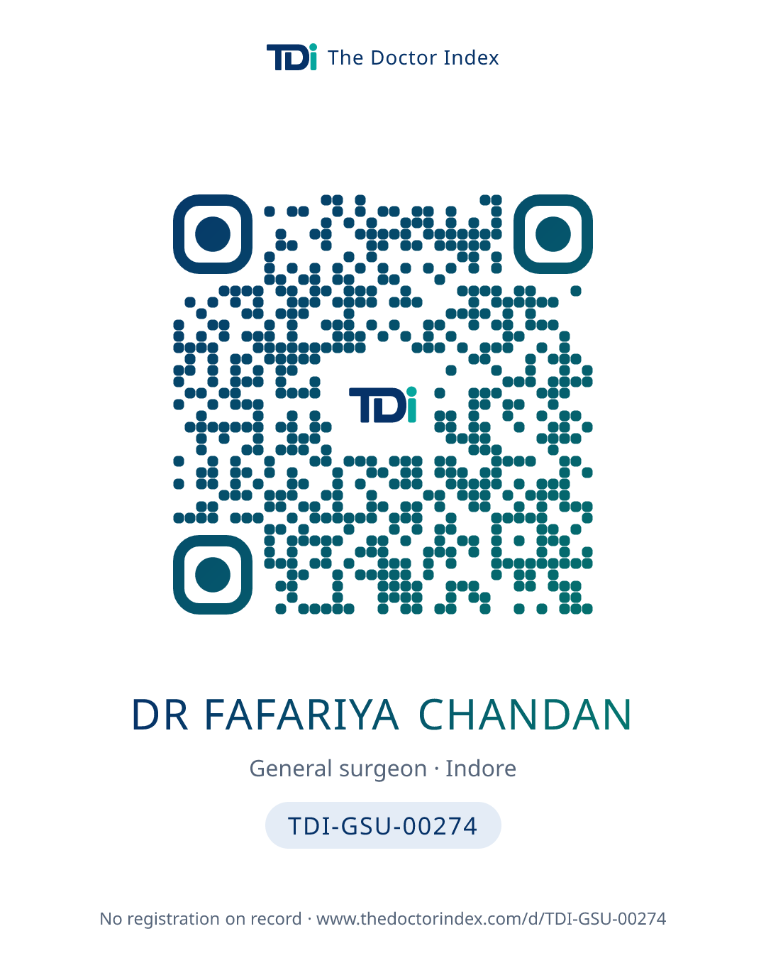 QR card for Dr Fafariya Chandan, TDI-GSU-00274