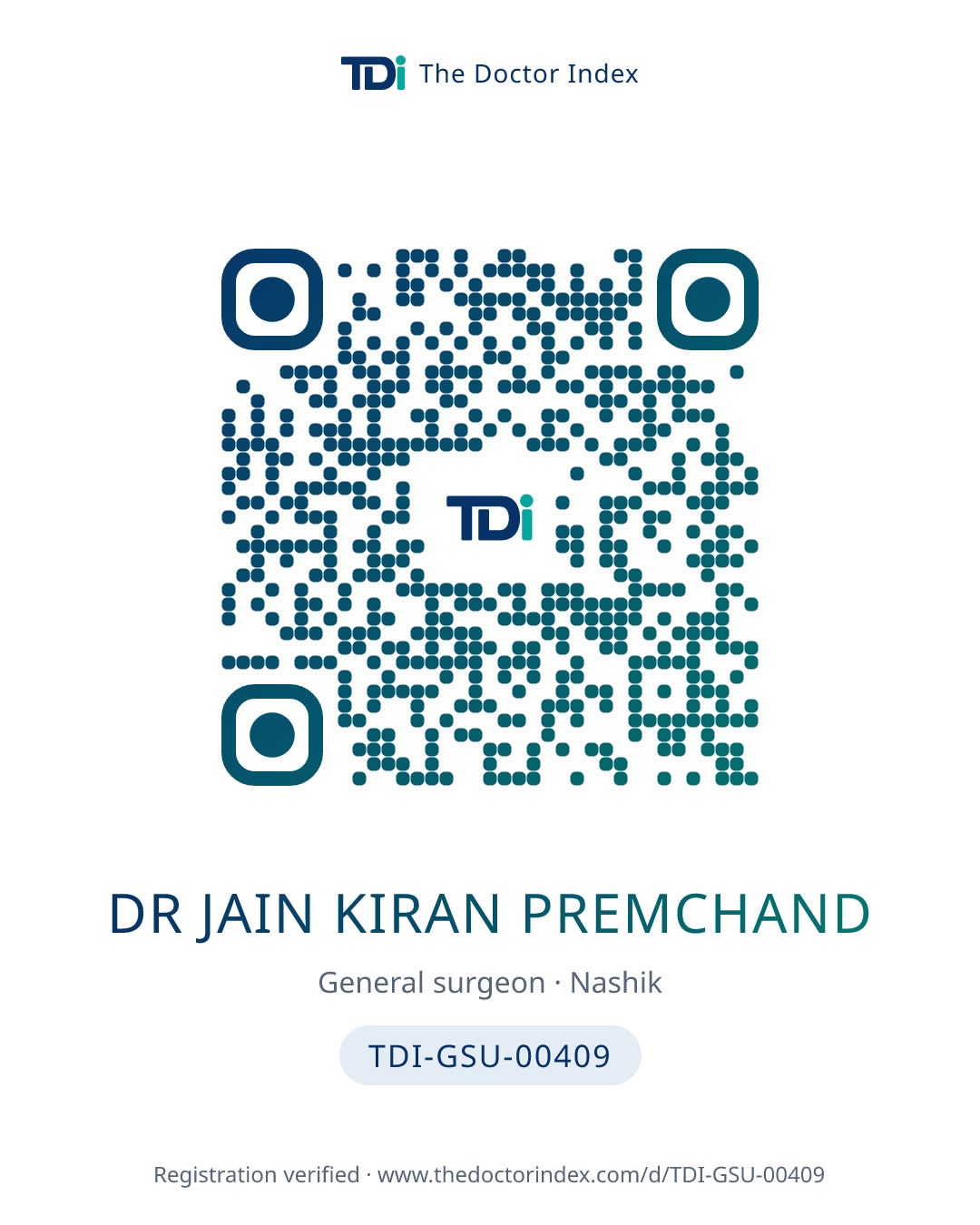 QR card for Dr Jain Kiran Premchand, TDI-GSU-00409