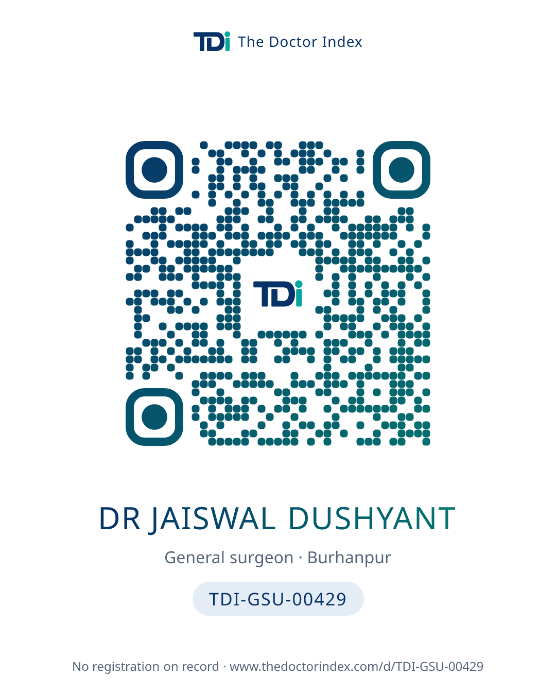 QR card for Dr Jaiswal Dushyant, TDI-GSU-00429