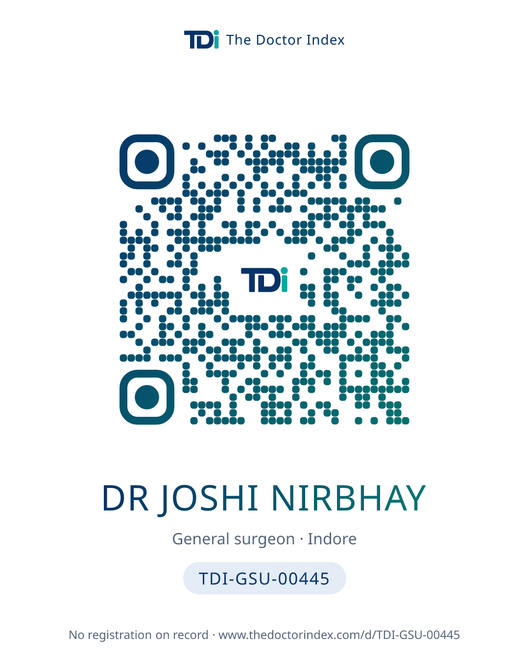 QR card for Dr Joshi Nirbhay, TDI-GSU-00445