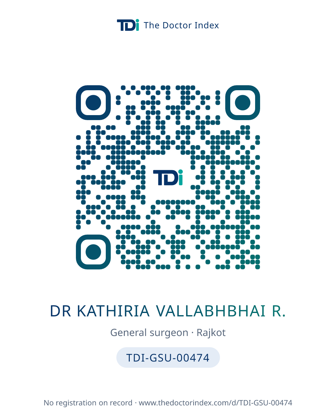 QR card for Dr Kathiria Vallabhbhai R., TDI-GSU-00474