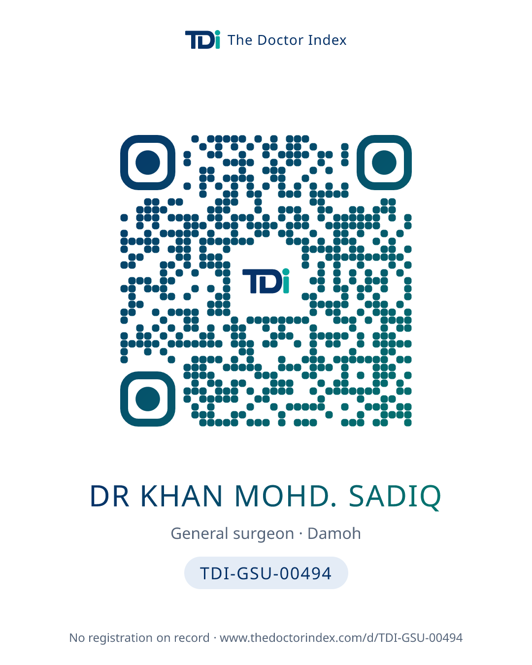 QR card for Dr Khan Mohd. Sadiq, TDI-GSU-00494