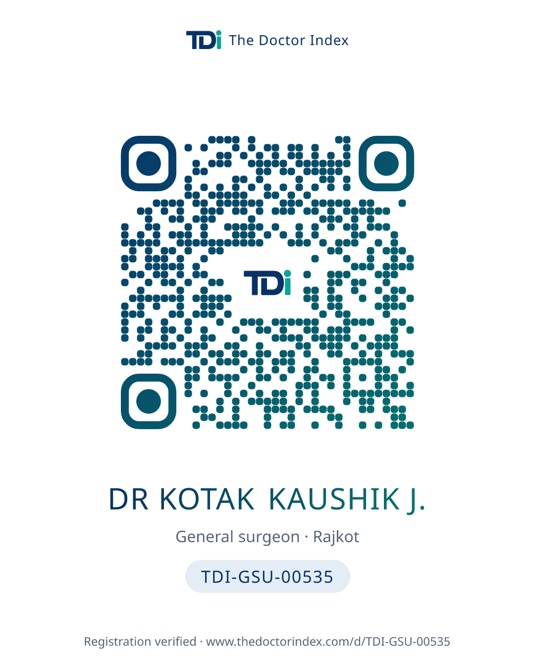 QR card for Dr Kotak Kaushik J., TDI-GSU-00535