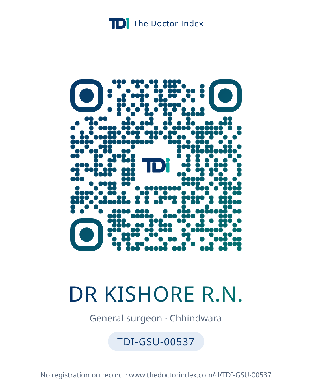 QR card for Dr Kishore R.N., TDI-GSU-00537