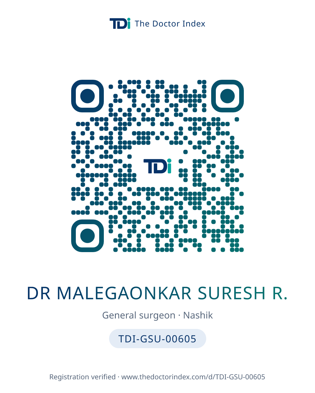 QR card for Dr Malegaonkar Suresh R., TDI-GSU-00605