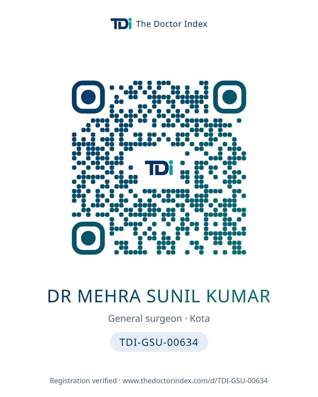 QR card for Dr Mehra Sunil Kumar, TDI-GSU-00634