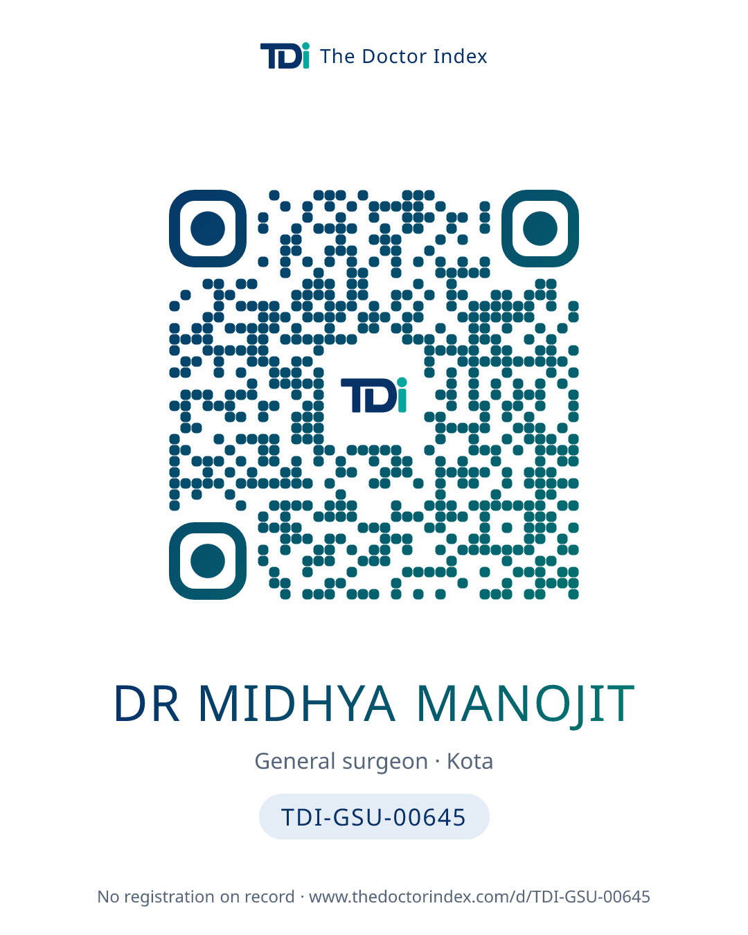 QR card for Dr Midhya Manojit, TDI-GSU-00645