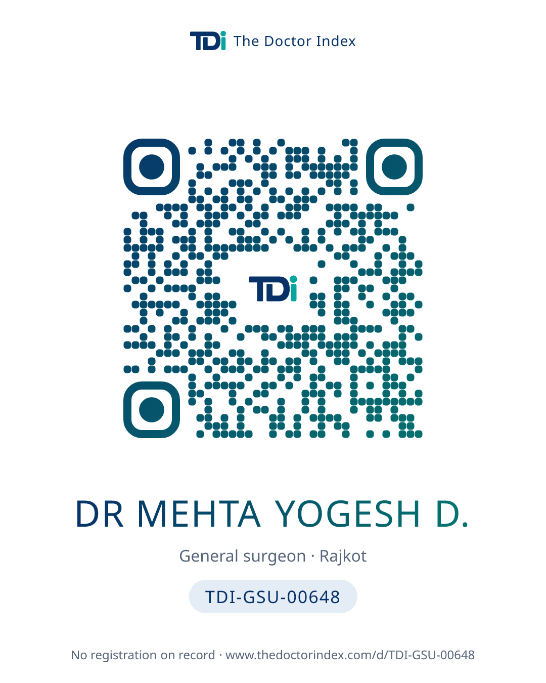 QR card for Dr Mehta Yogesh D., TDI-GSU-00648