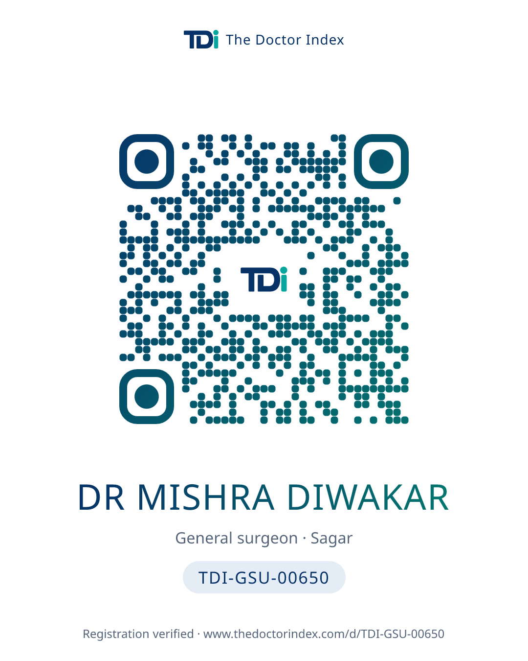 QR card for Dr Mishra Diwakar, TDI-GSU-00650
