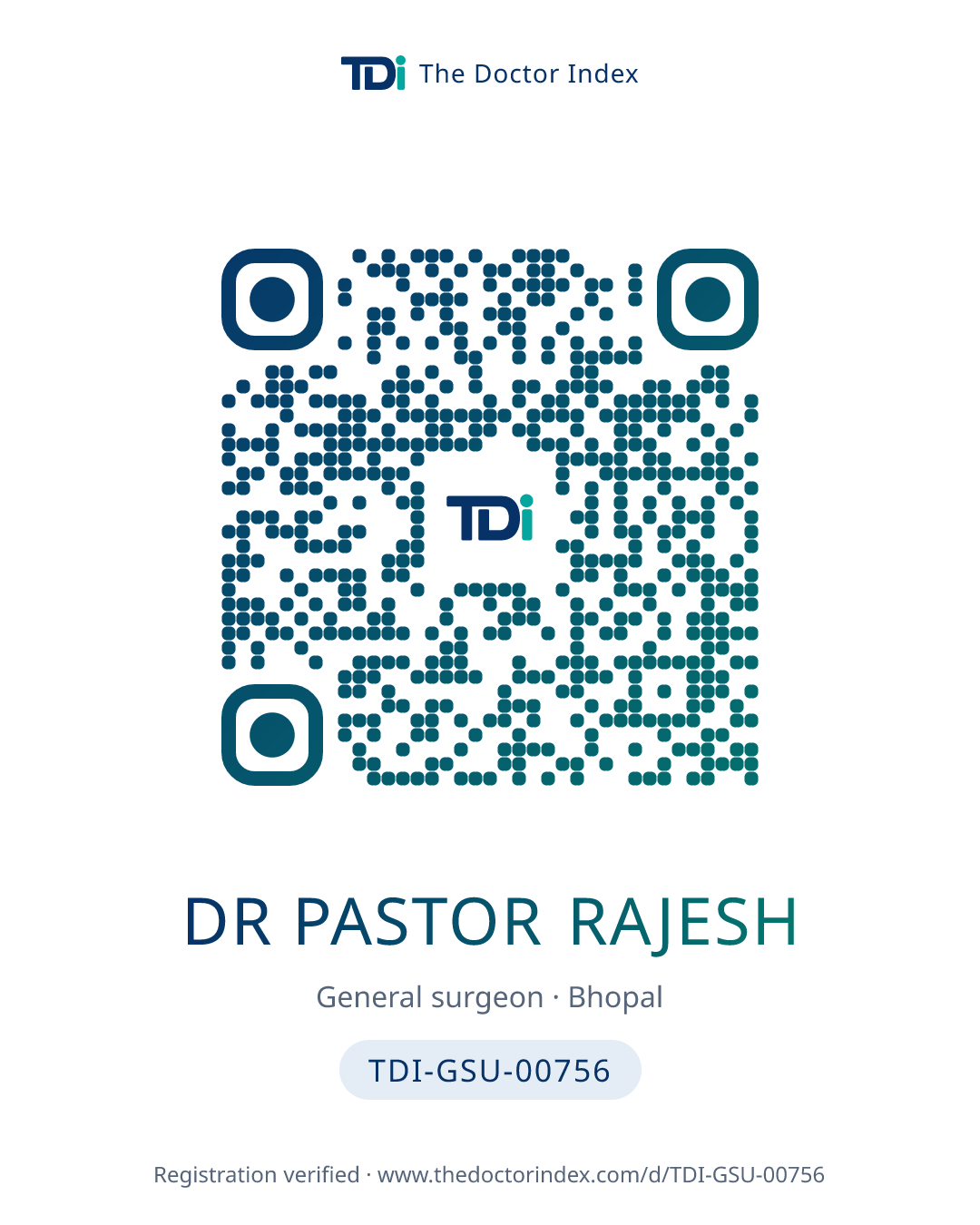 QR card for Dr Pastor Rajesh, TDI-GSU-00756