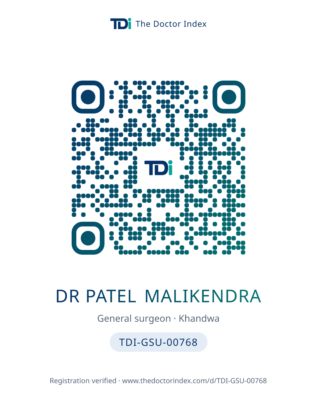 QR card for Dr Patel Malikendra, TDI-GSU-00768