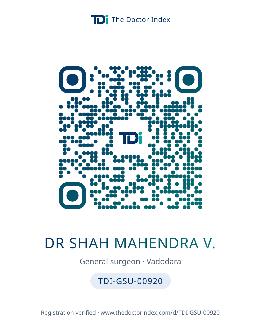 QR card for Dr Shah Mahendra V., TDI-GSU-00920