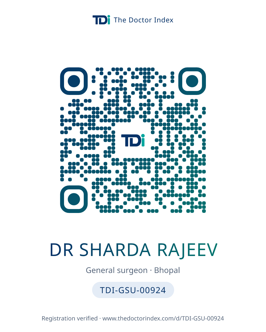 QR card for Dr Sharda Rajeev, TDI-GSU-00924