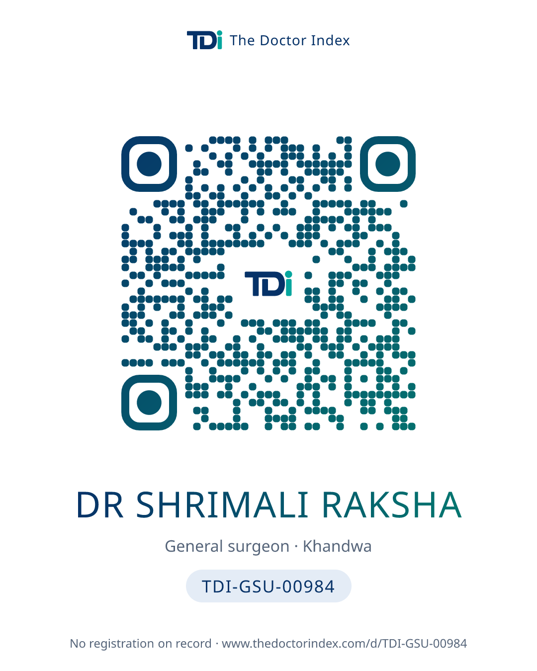 QR card for Dr Shrimali Raksha, TDI-GSU-00984