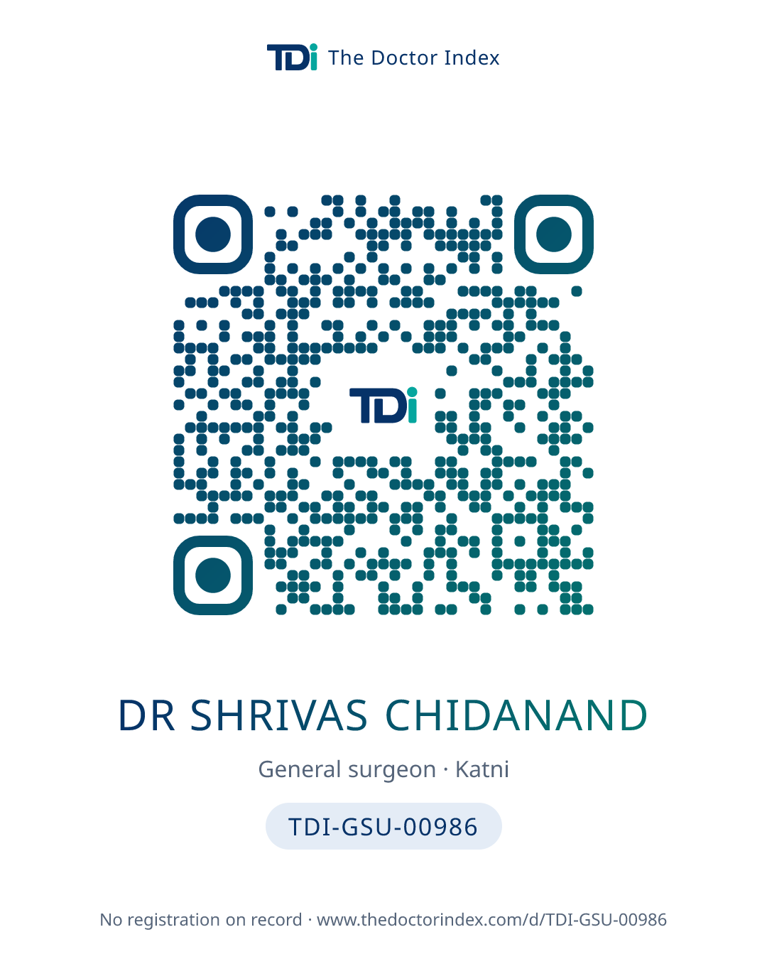 QR card for Dr Shrivas Chidanand, TDI-GSU-00986