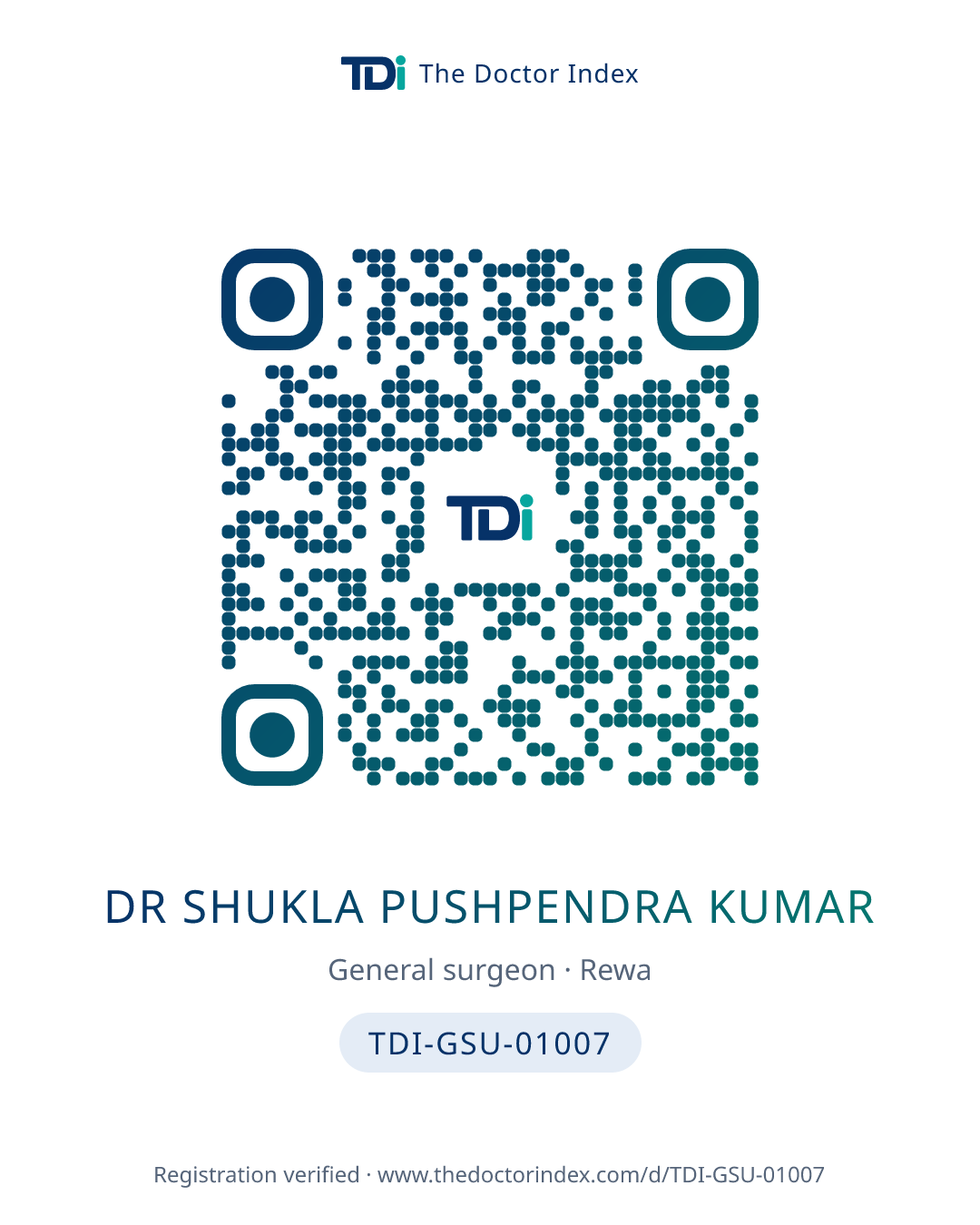 QR card for Dr Shukla Pushpendra Kumar, TDI-GSU-01007