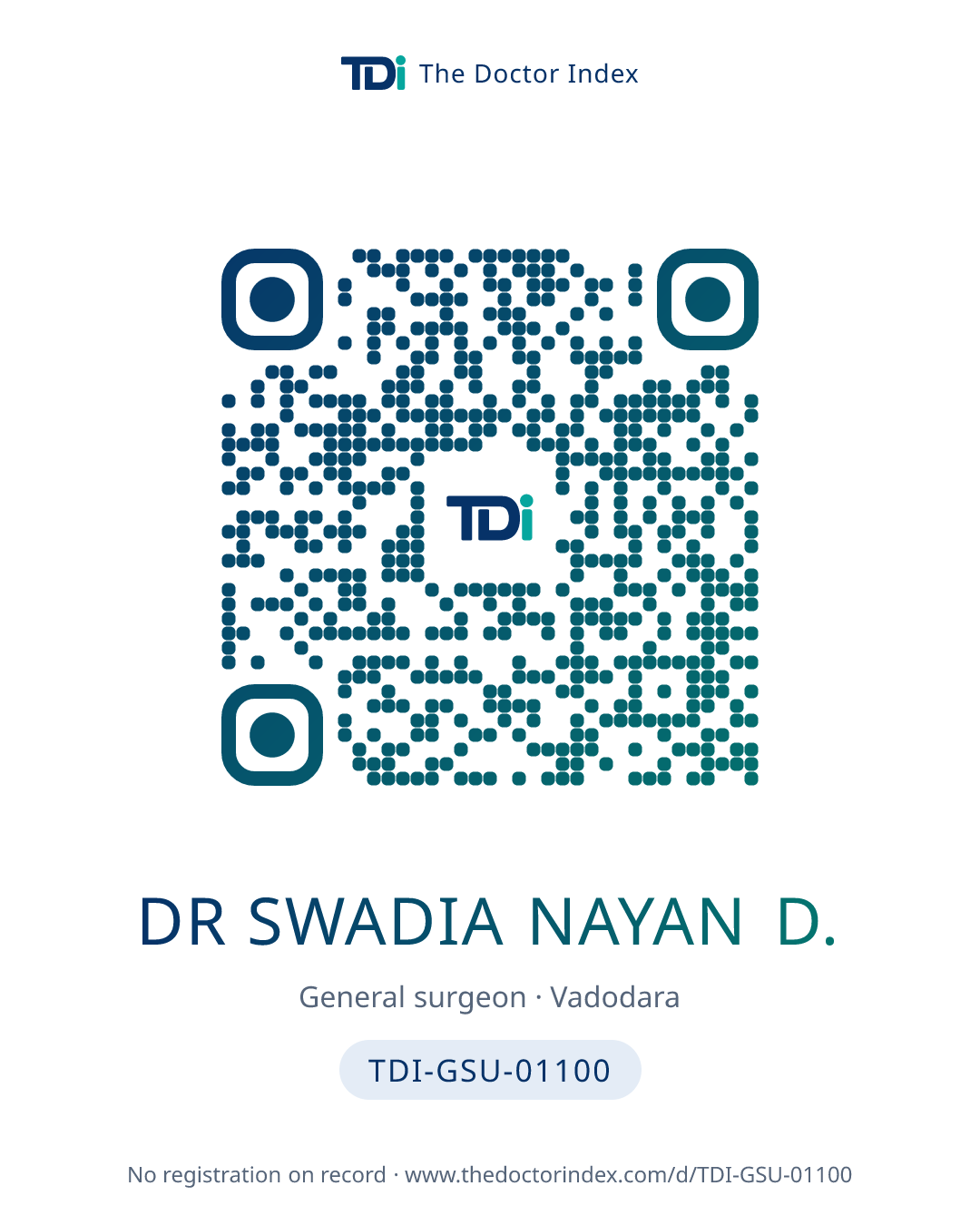 QR card for Dr Swadia Nayan D., TDI-GSU-01100