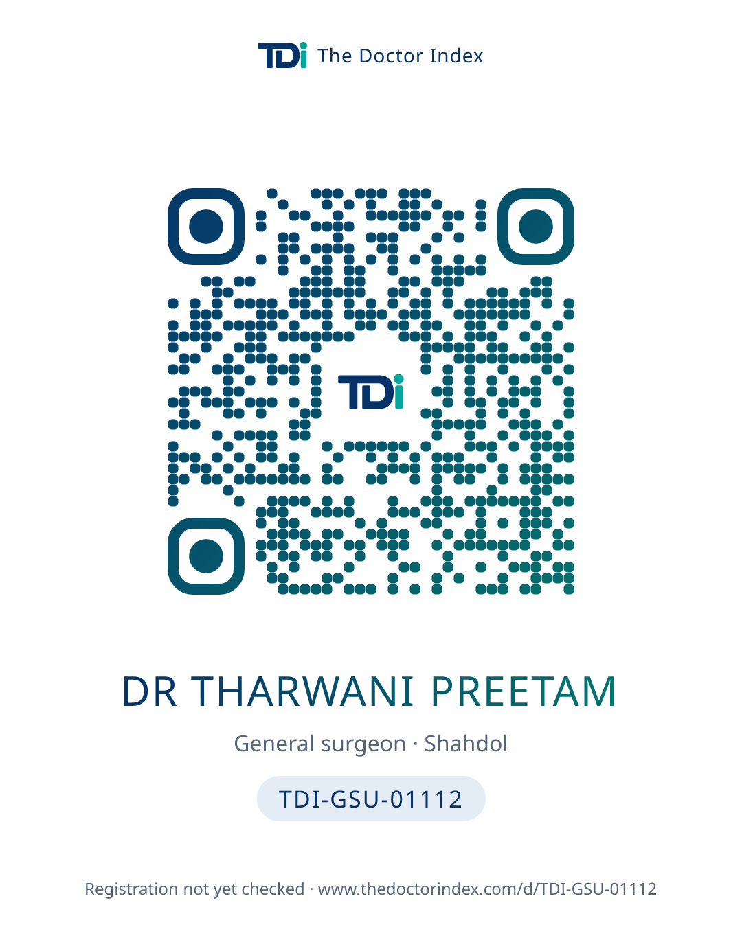 QR card for Dr Tharwani Preetam, TDI-GSU-01112