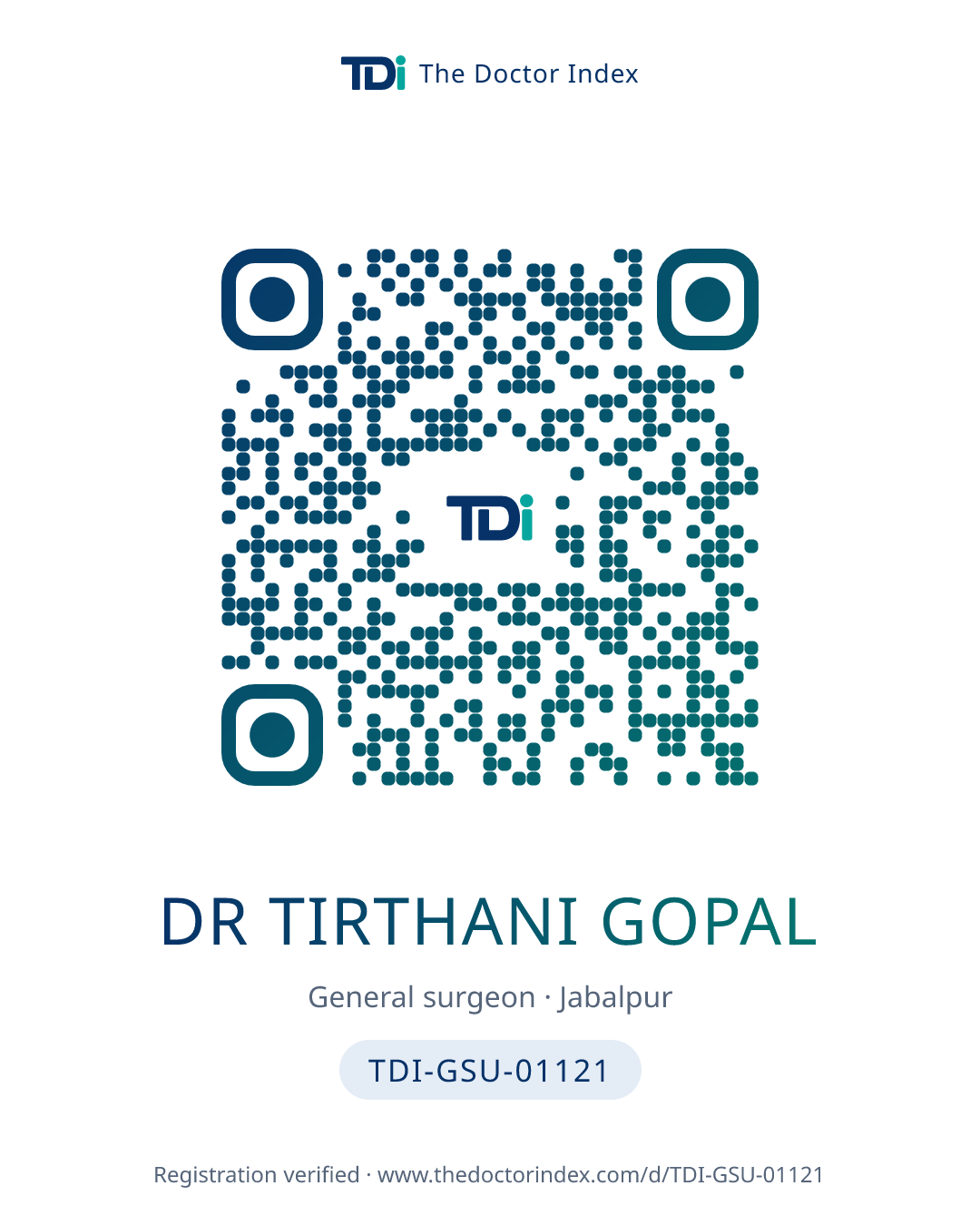 QR card for Dr Tirthani Gopal, TDI-GSU-01121