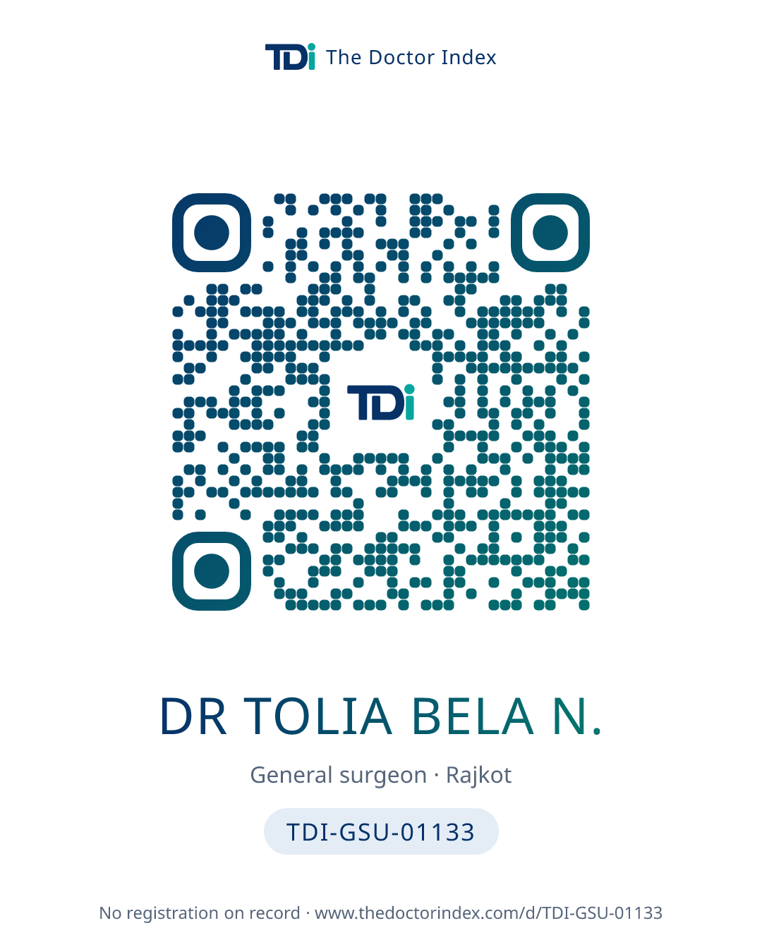 QR card for Dr Tolia Bela N., TDI-GSU-01133