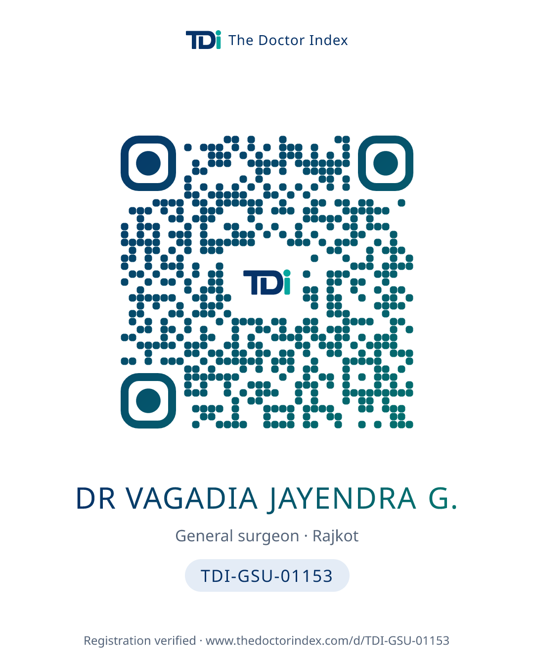QR card for Dr Vagadia Jayendra G., TDI-GSU-01153