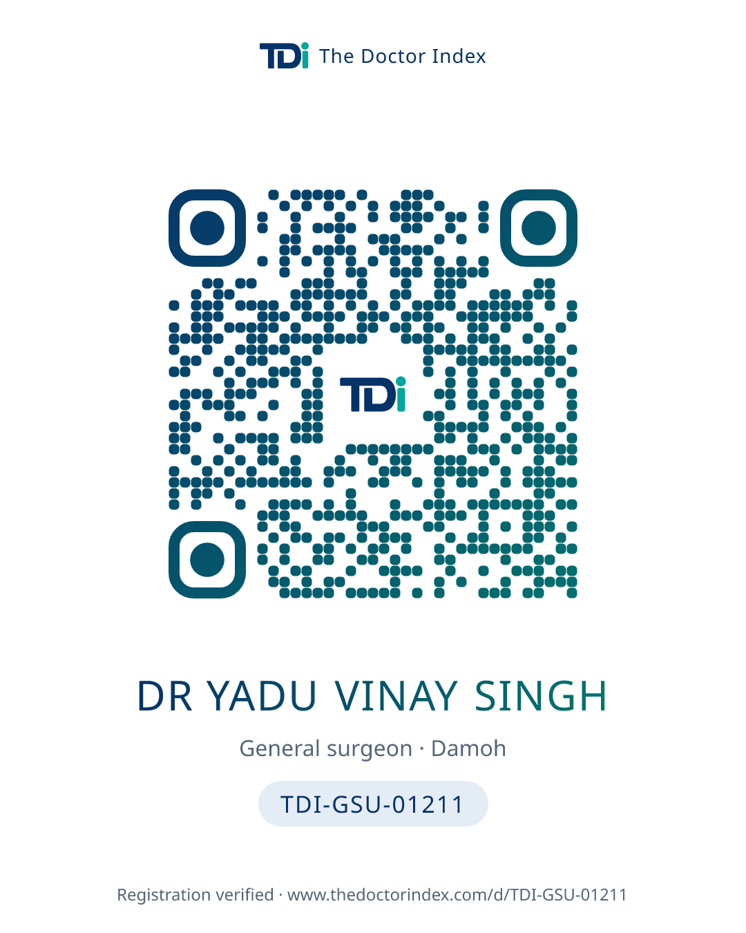 QR card for Dr Yadu Vinay Singh, TDI-GSU-01211