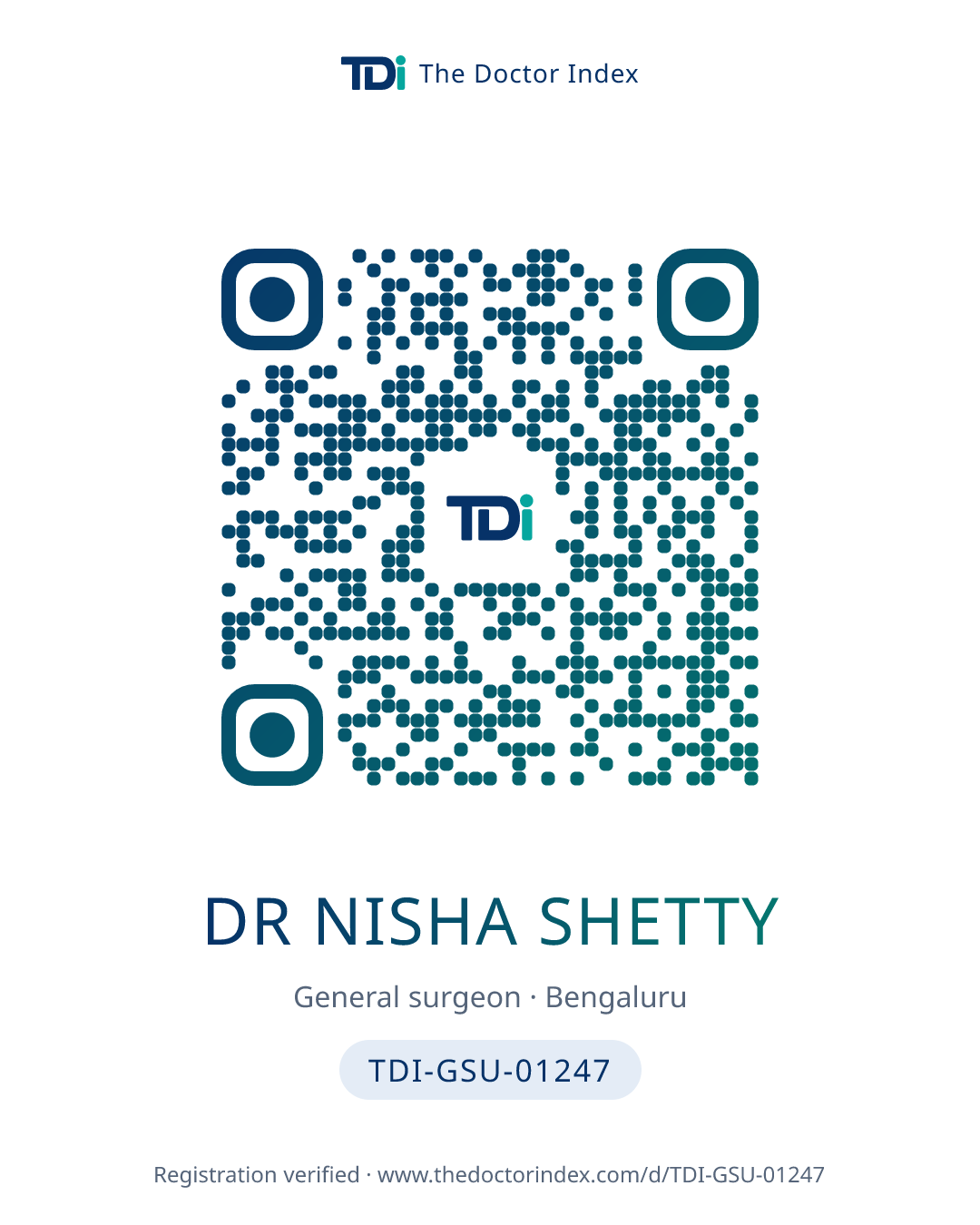 QR card for Dr Nisha Shetty, TDI-GSU-01247