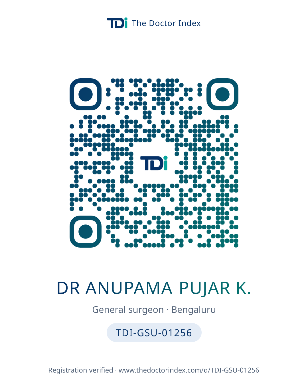 QR card for Dr Anupama Pujar K., TDI-GSU-01256