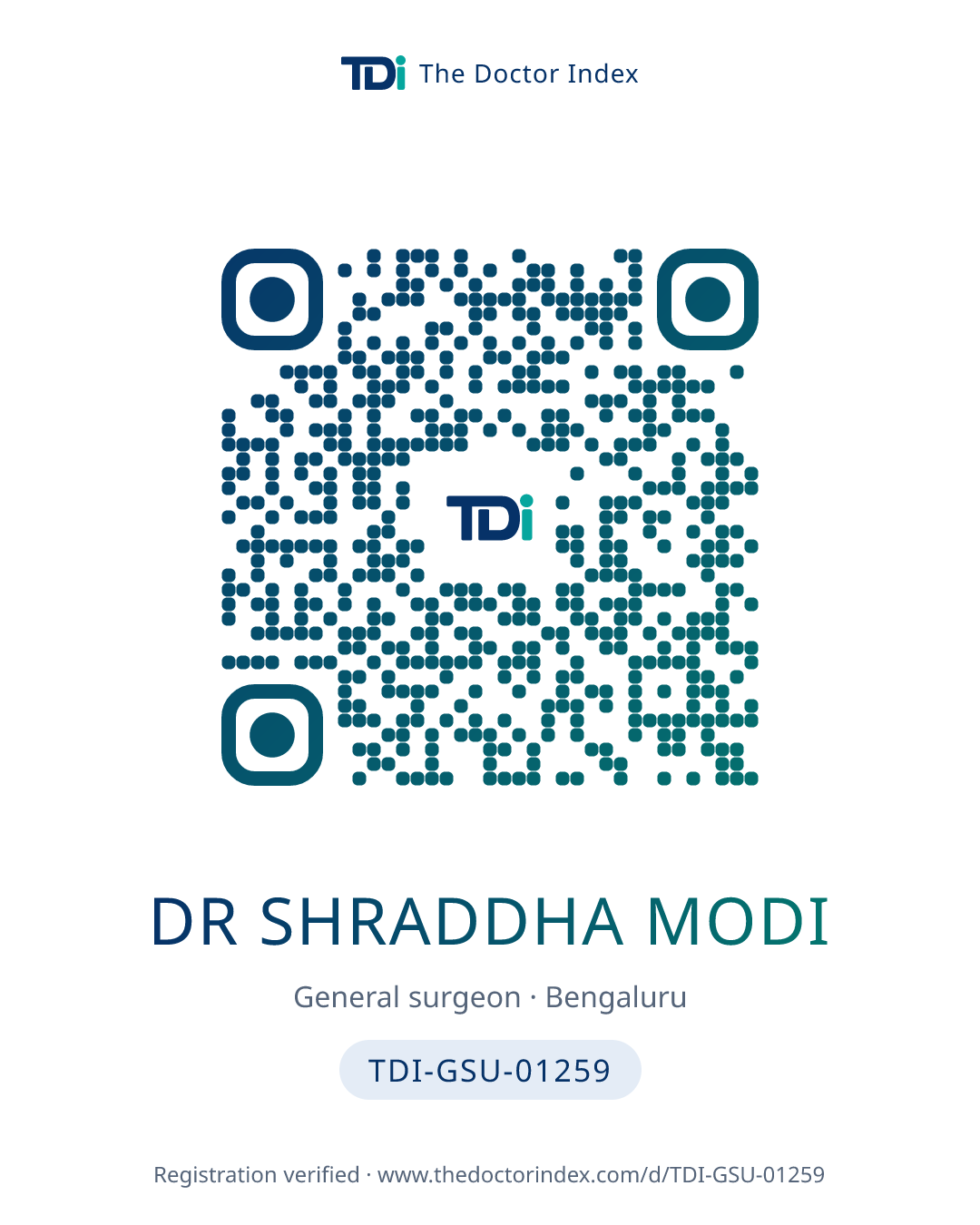 QR card for Dr Shraddha Modi, TDI-GSU-01259