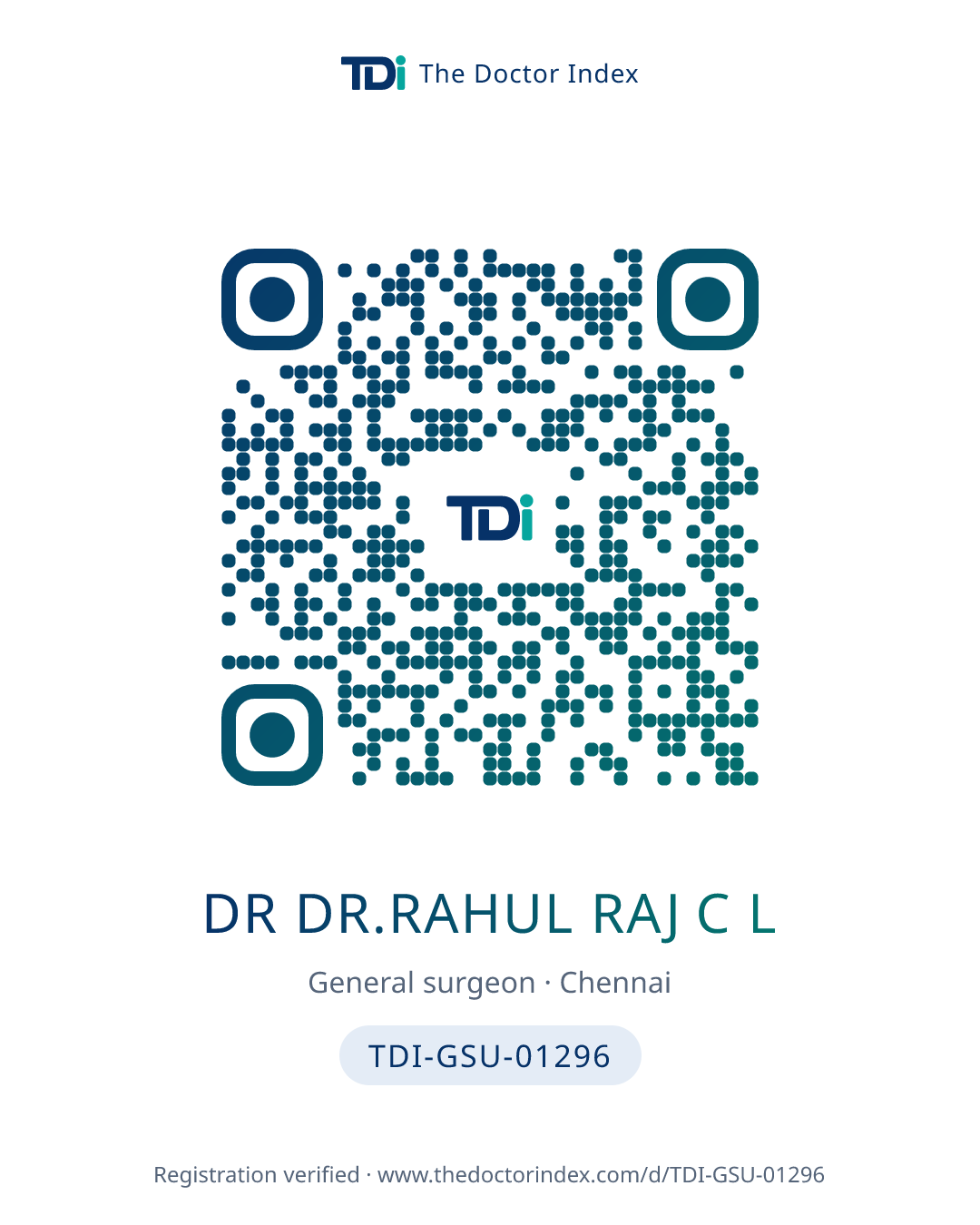 QR card for Dr Dr.rahul Raj C L, TDI-GSU-01296