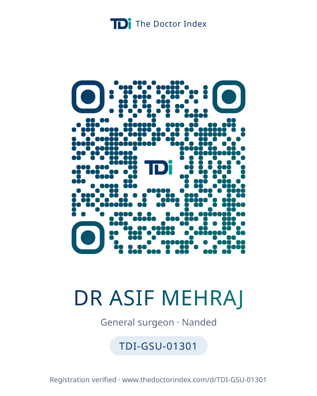 QR card for Dr Asif Mehraj, TDI-GSU-01301