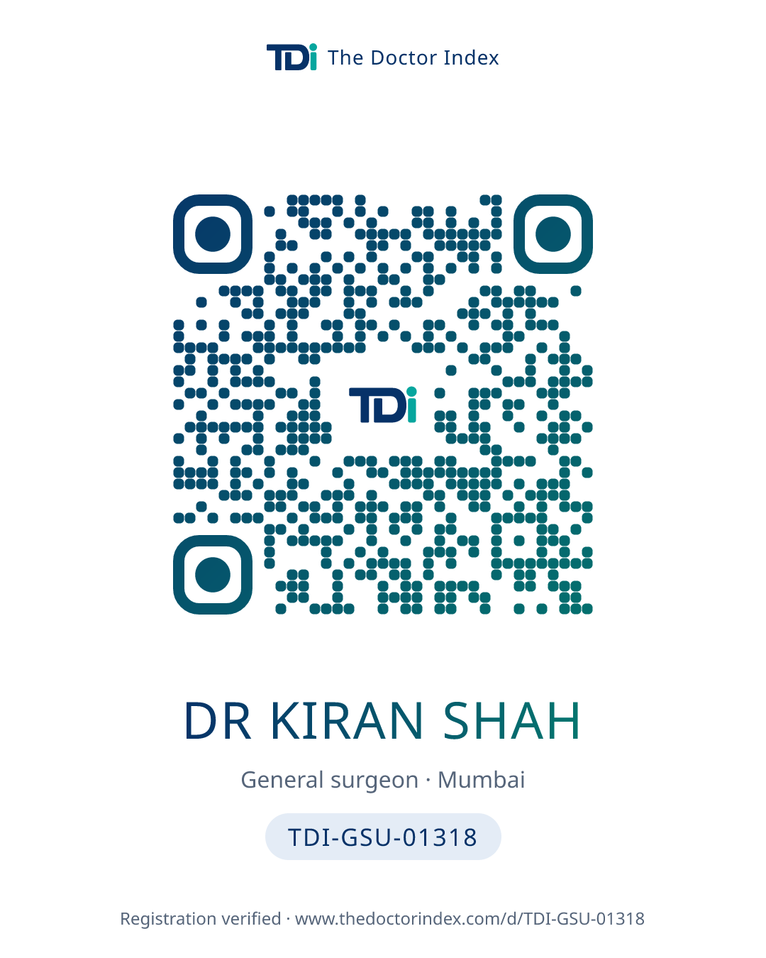 QR card for Dr Kiran Shah, TDI-GSU-01318