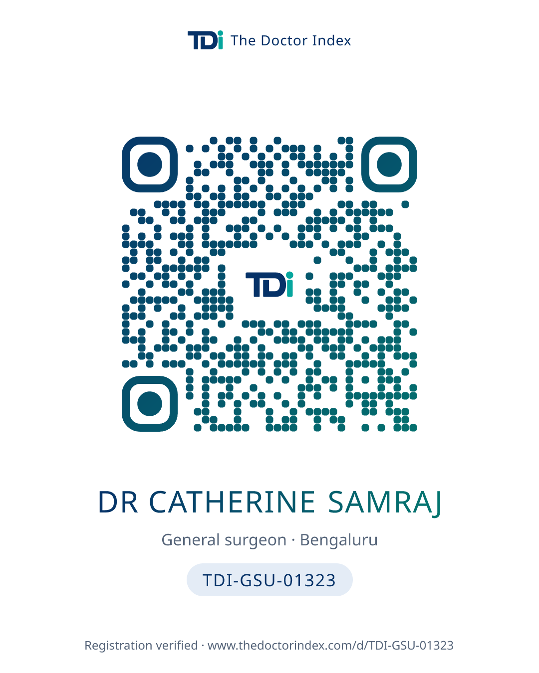 QR card for Dr Catherine Samraj, TDI-GSU-01323