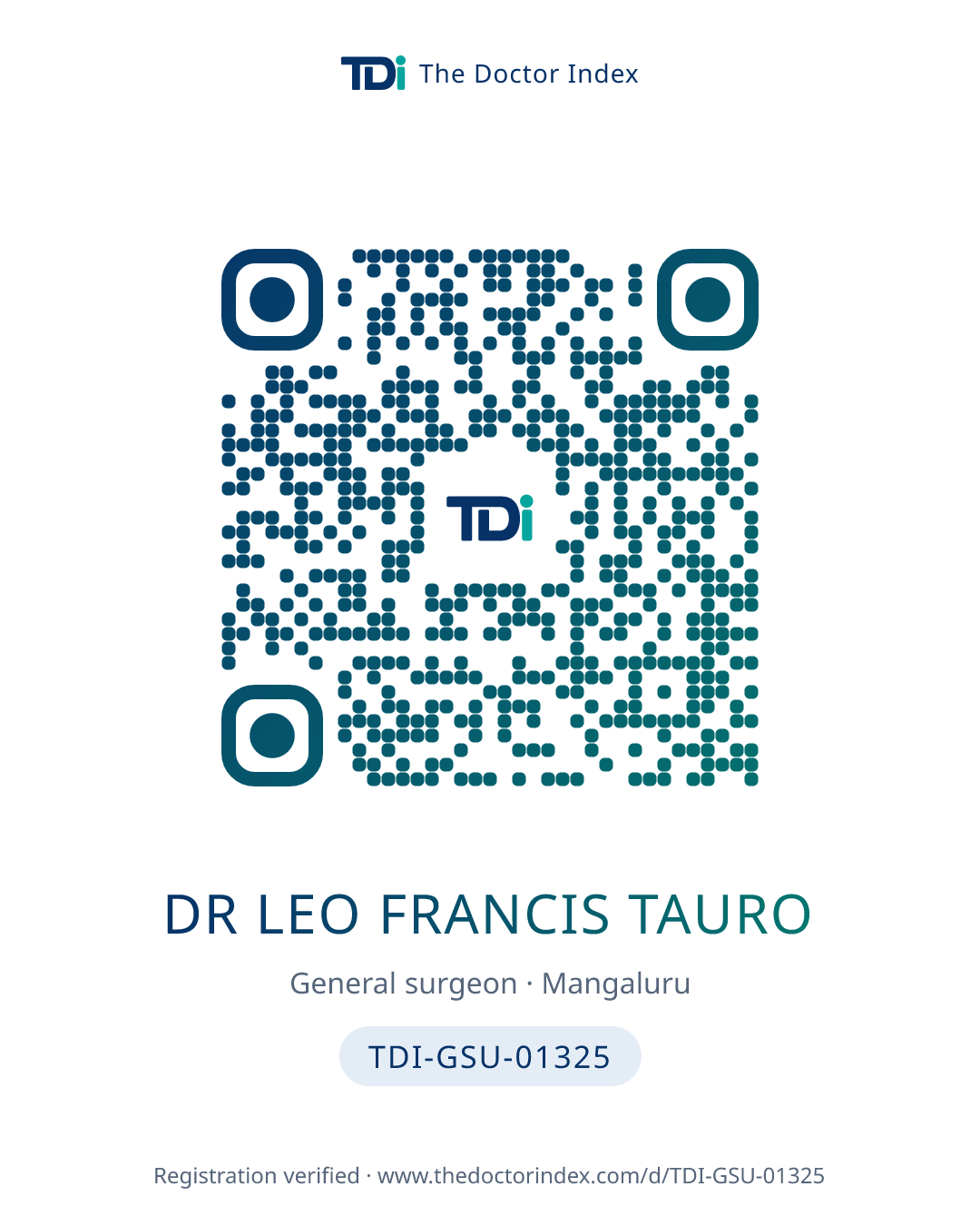 QR card for Dr Leo Francis Tauro, TDI-GSU-01325