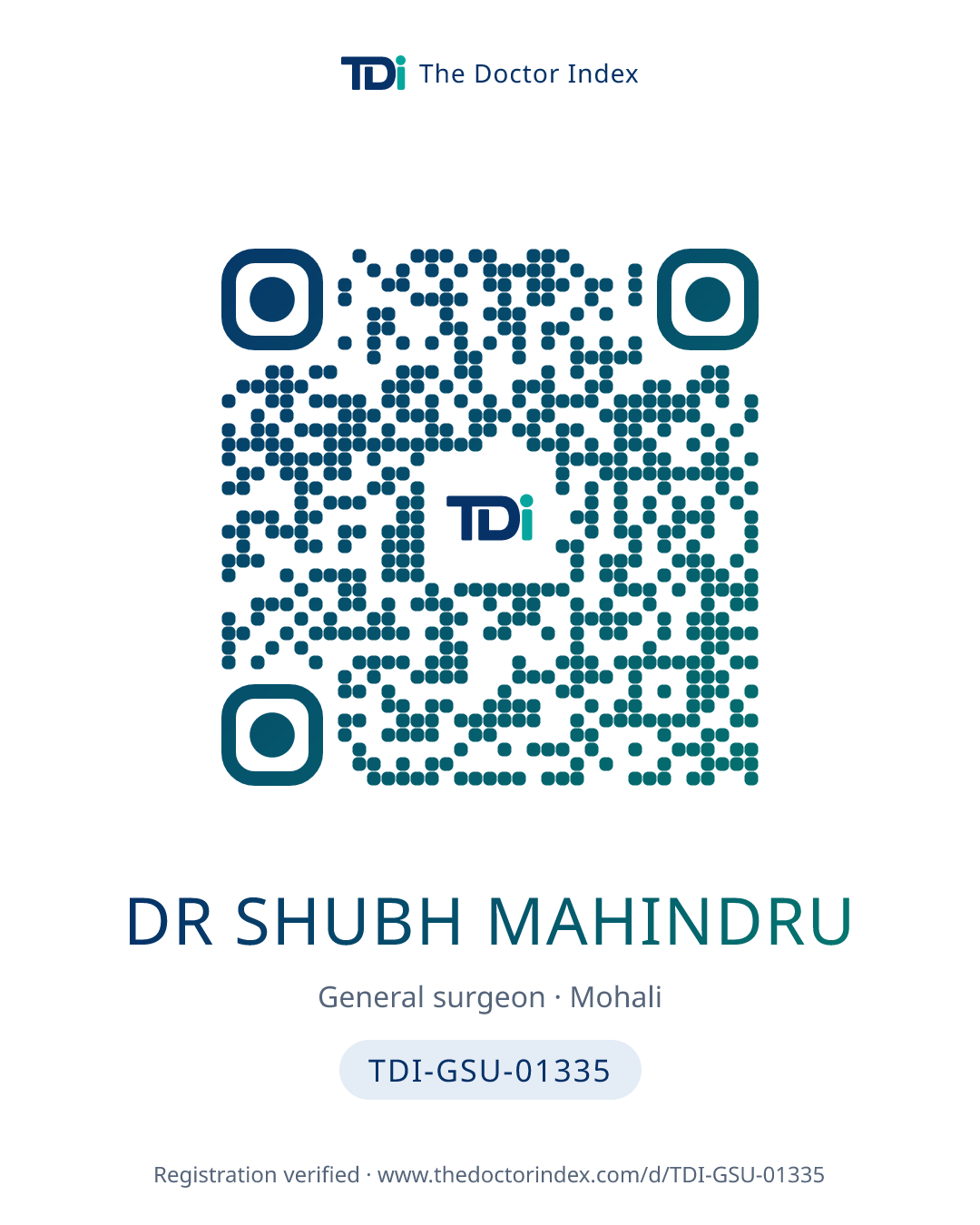 QR card for Dr Shubh Mahindru, TDI-GSU-01335