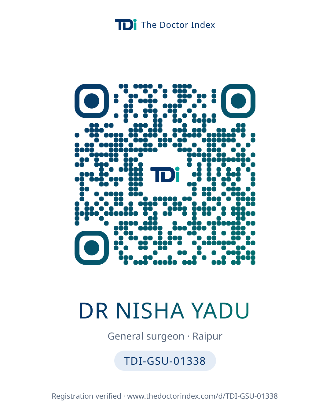 QR card for Dr Nisha Yadu, TDI-GSU-01338